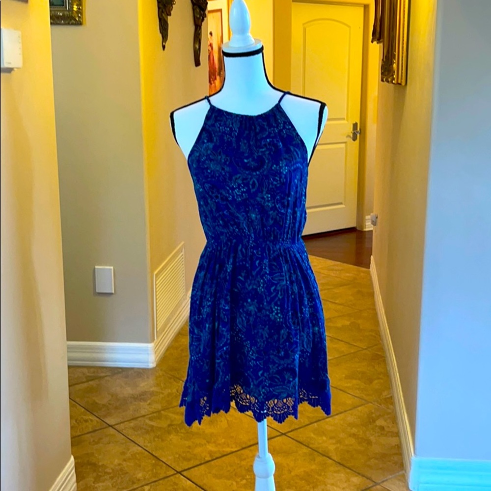 Deep Blue and Green Floral Rayon Dress with Lace